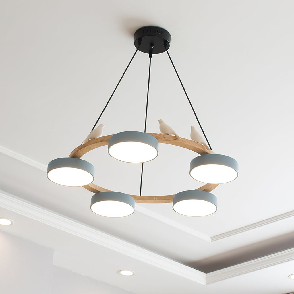 Sienna Bird Circular Chandelier — Wood Frame, Handcrafted Birds, Nature-Inspired LED Light