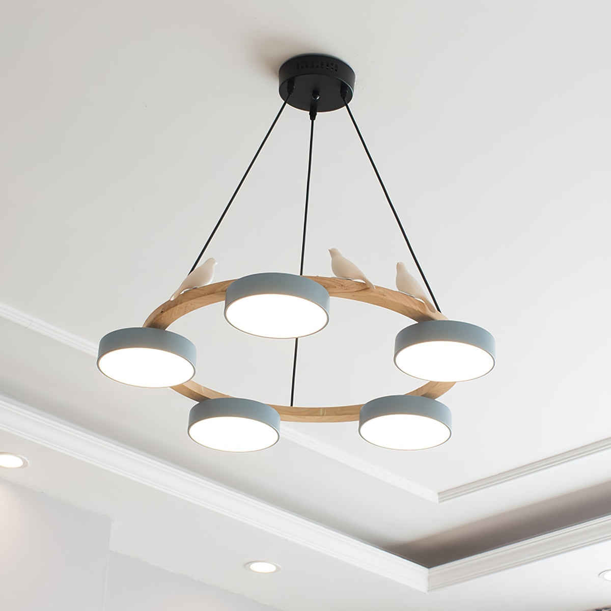 Sienna Bird Circular Chandelier — Wood Frame, Handcrafted Birds, Nature-Inspired LED Light