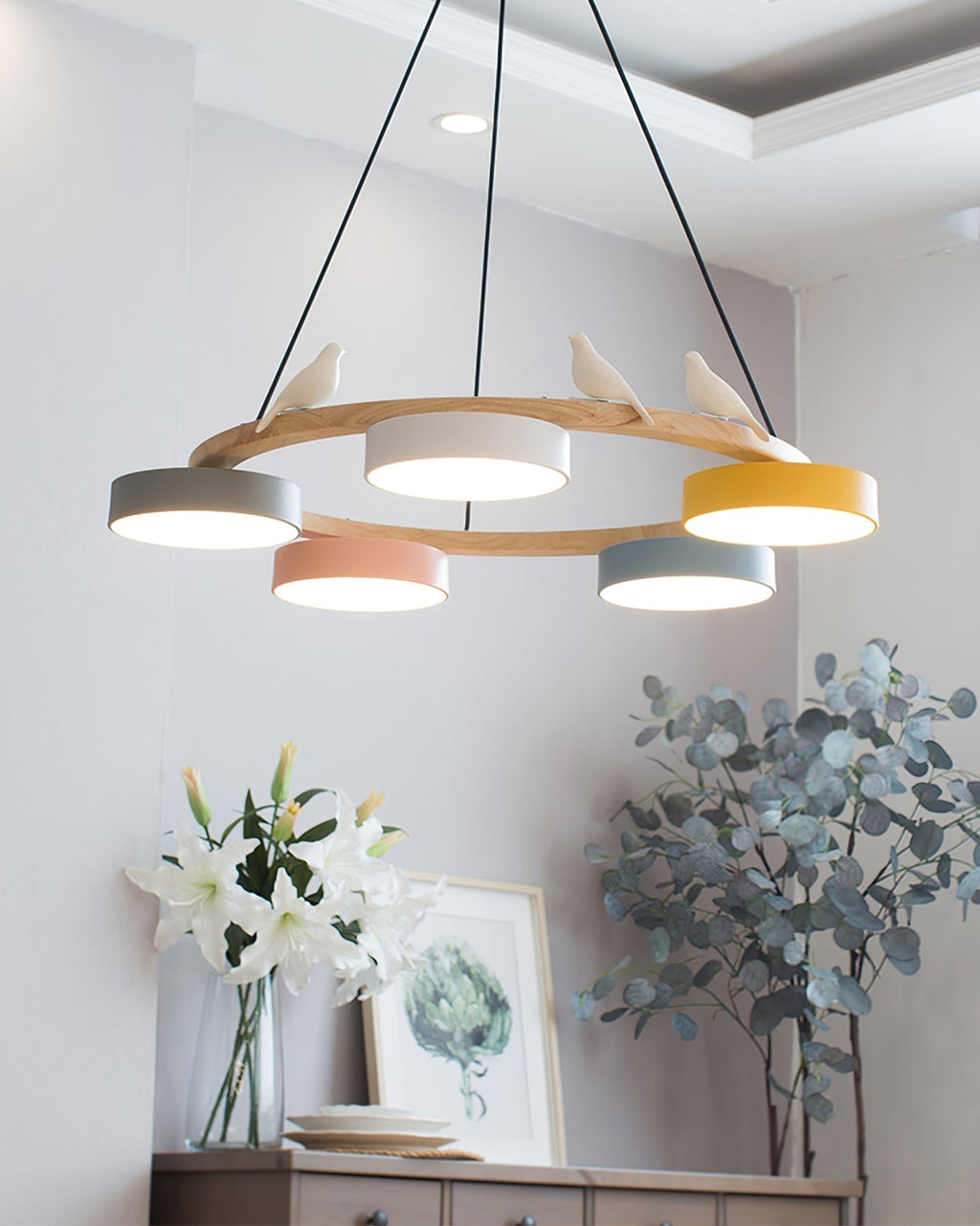 Sienna Bird Circular Chandelier — Wood Frame, Handcrafted Birds, Nature-Inspired LED Light