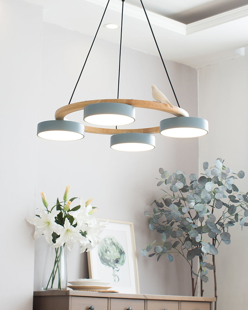 Sienna Bird Circular Chandelier — Wood Frame, Handcrafted Birds, Nature-Inspired LED Light