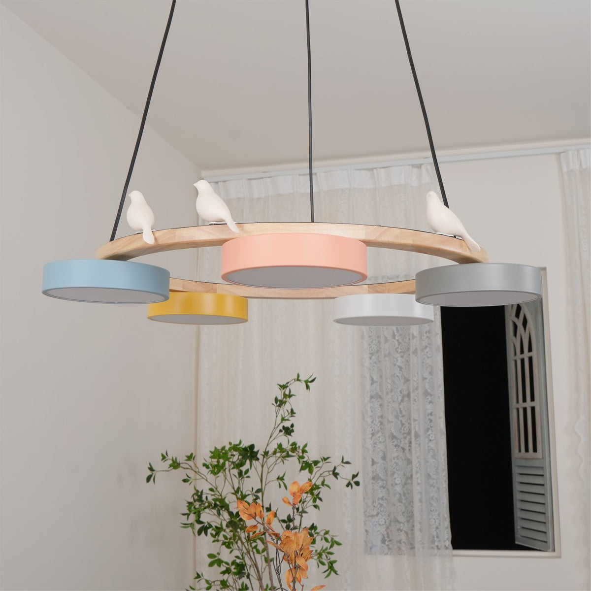 Sienna Bird Circular Chandelier — Wood Frame, Handcrafted Birds, Nature-Inspired LED Light
