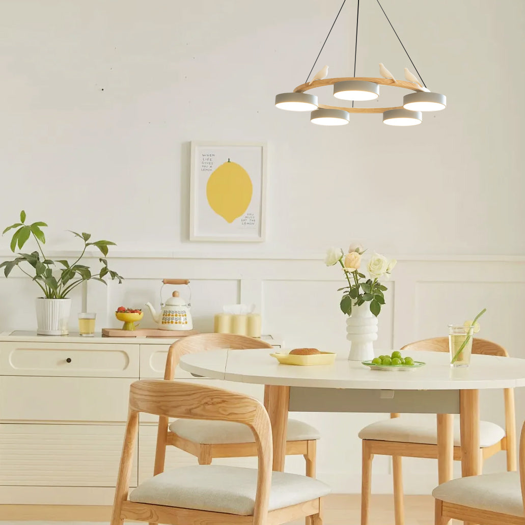 Sienna Bird Circular Chandelier — Wood Frame, Handcrafted Birds, Nature-Inspired LED Light