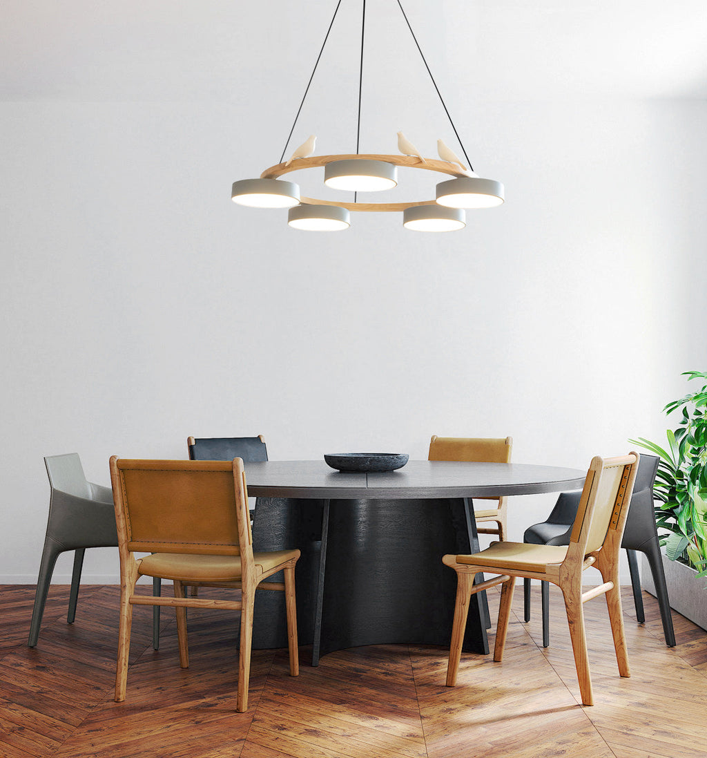 Sienna Bird Circular Chandelier — Wood Frame, Handcrafted Birds, Nature-Inspired LED Light