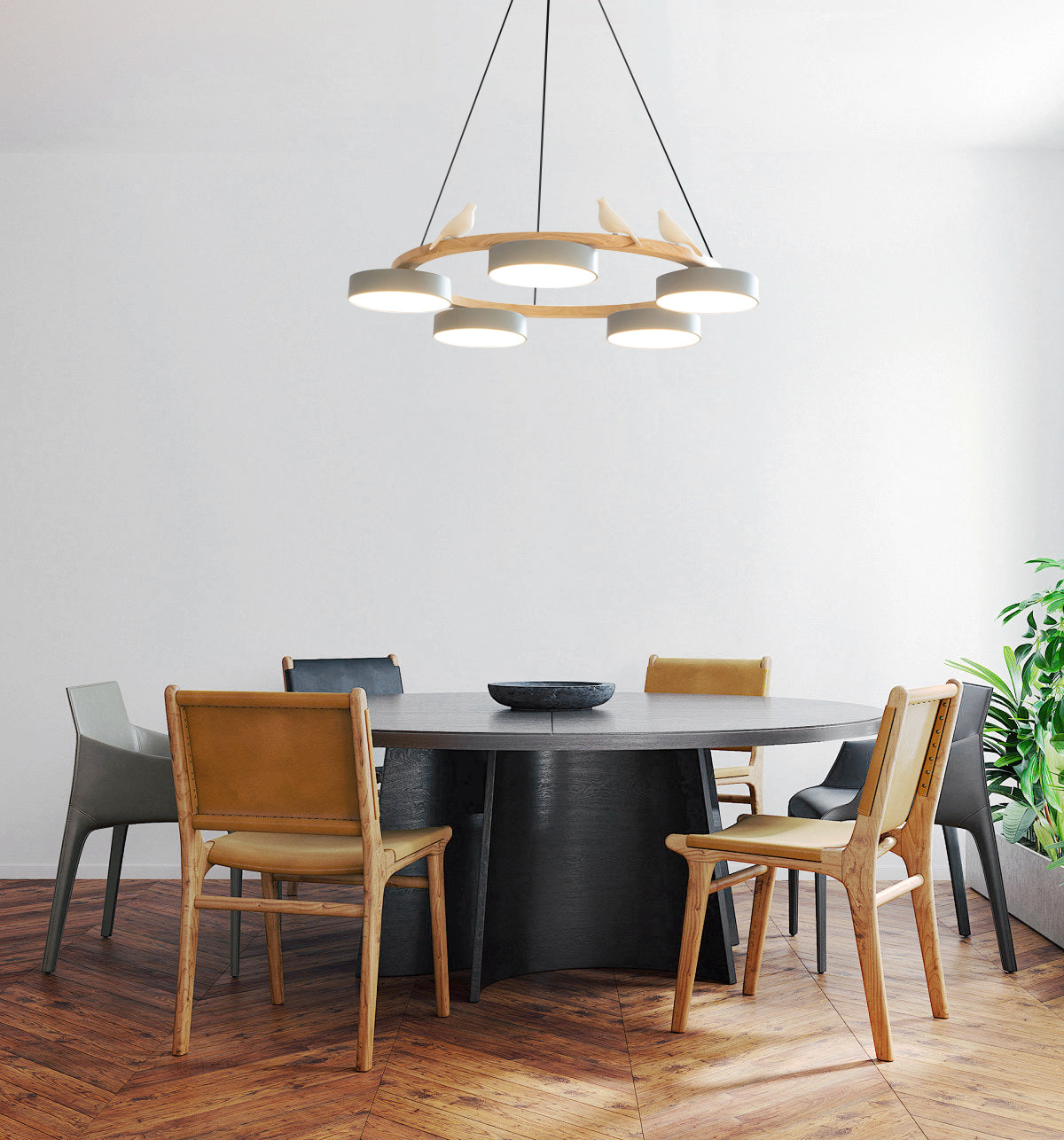 Sienna Bird Circular Chandelier — Wood Frame, Handcrafted Birds, Nature-Inspired LED Light