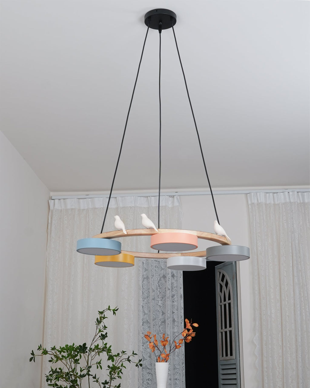 Sienna Bird Circular Chandelier — Wood Frame, Handcrafted Birds, Nature-Inspired LED Light