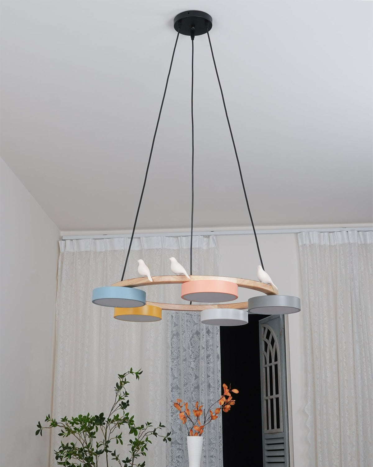 Sienna Bird Circular Chandelier — Wood Frame, Handcrafted Birds, Nature-Inspired LED Light