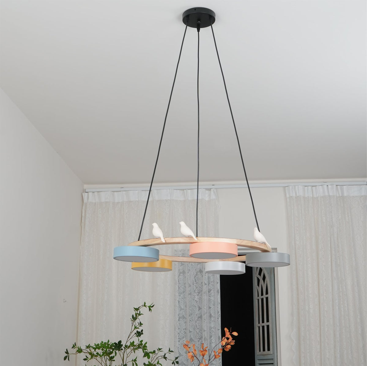 Sienna Bird Circular Chandelier — Wood Frame, Handcrafted Birds, Nature-Inspired LED Light