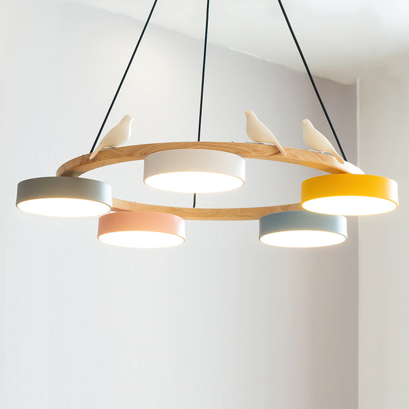 Sienna Bird Circular Chandelier — Wood Frame, Handcrafted Birds, Nature-Inspired LED Light