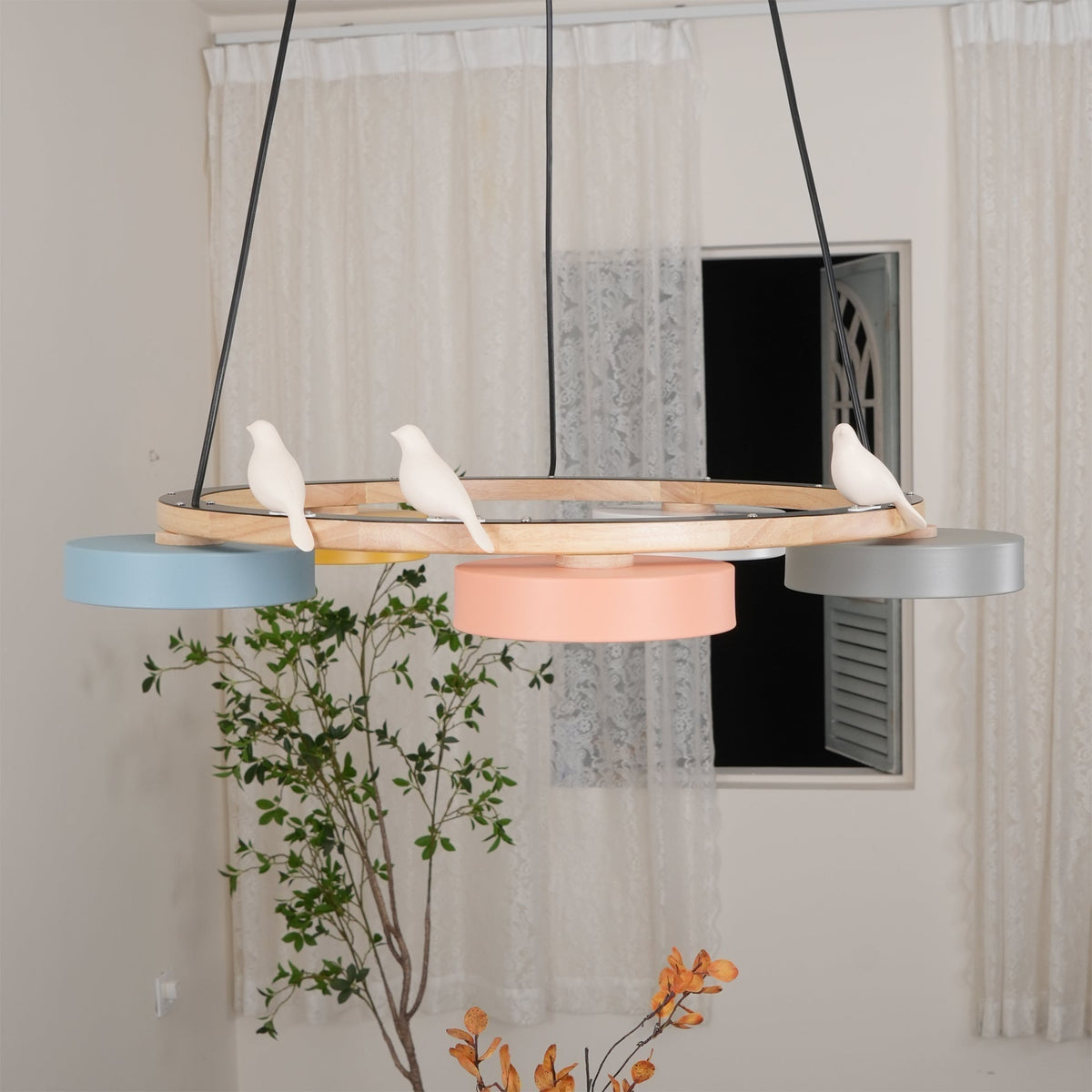Sienna Bird Circular Chandelier — Wood Frame, Handcrafted Birds, Nature-Inspired LED Light