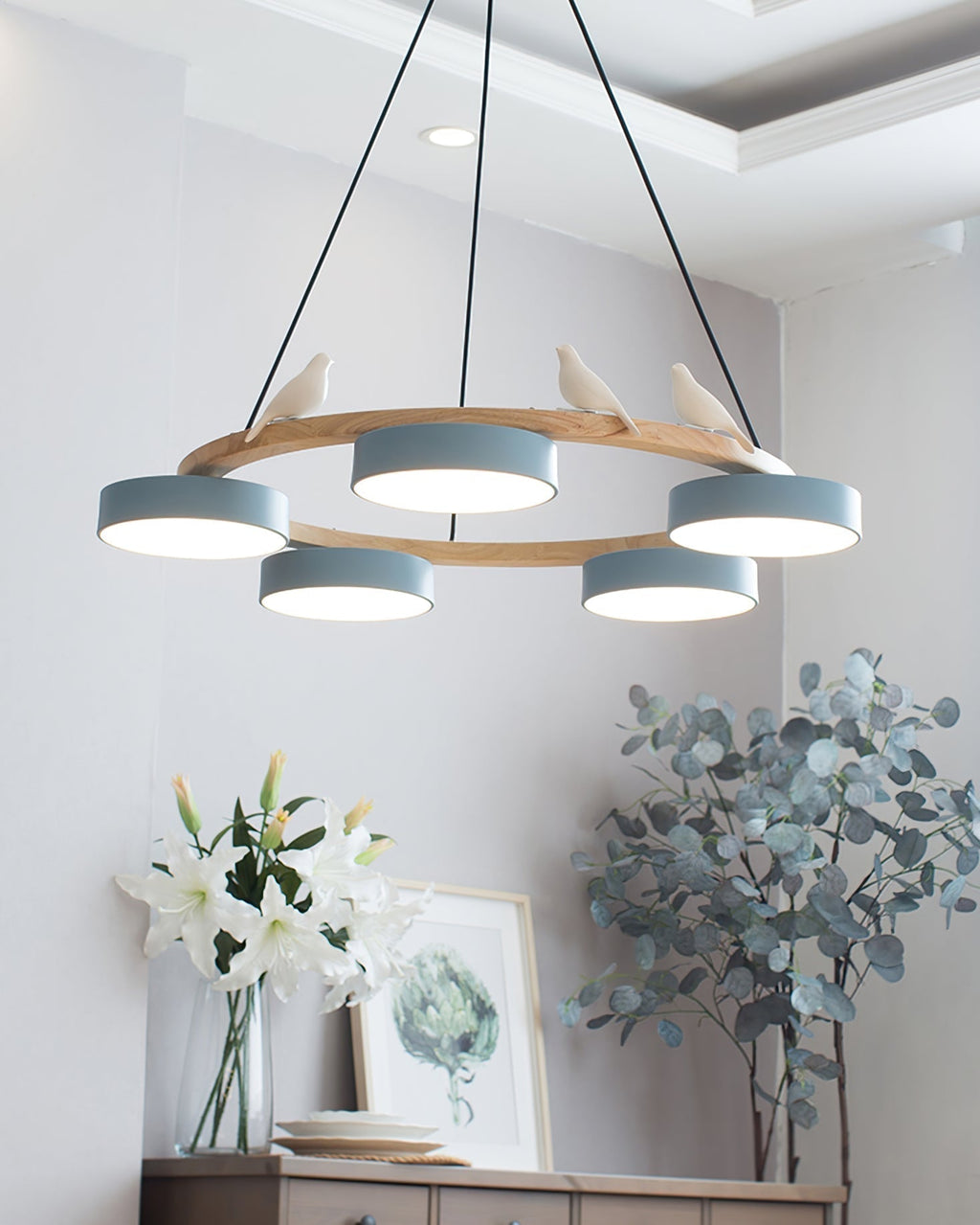 Sienna Bird Circular Chandelier — Wood Frame, Handcrafted Birds, Nature-Inspired LED Light