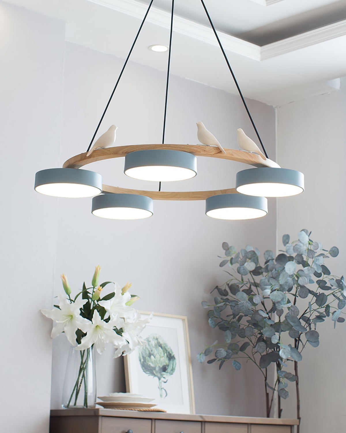 Sienna Bird Circular Chandelier — Wood Frame, Handcrafted Birds, Nature-Inspired LED Light
