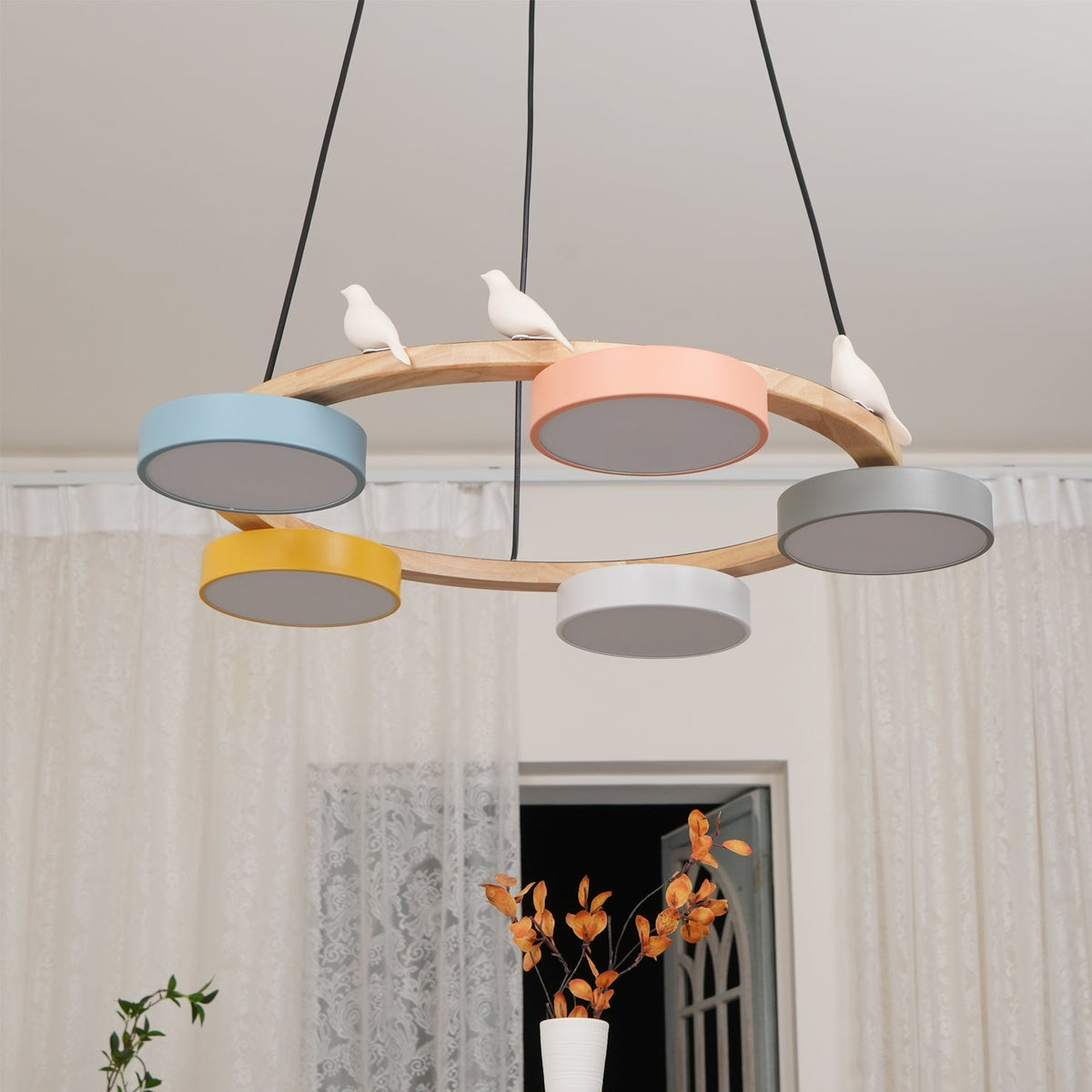 Sienna Bird Circular Chandelier — Wood Frame, Handcrafted Birds, Nature-Inspired LED Light