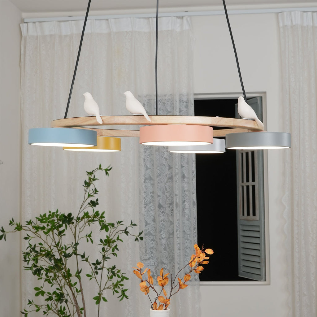 Sienna Bird Circular Chandelier — Wood Frame, Handcrafted Birds, Nature-Inspired LED Light
