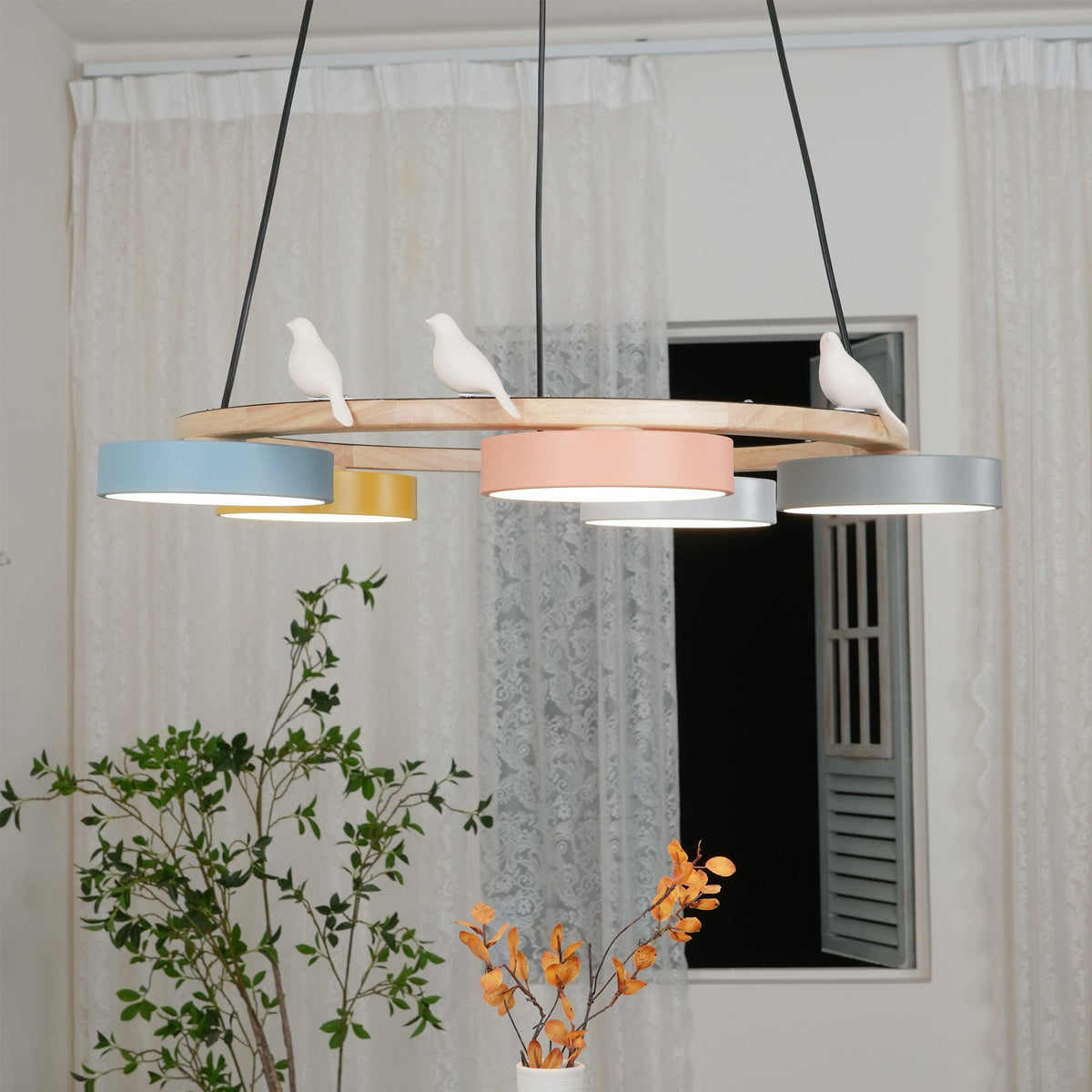 Sienna Bird Circular Chandelier — Wood Frame, Handcrafted Birds, Nature-Inspired LED Light