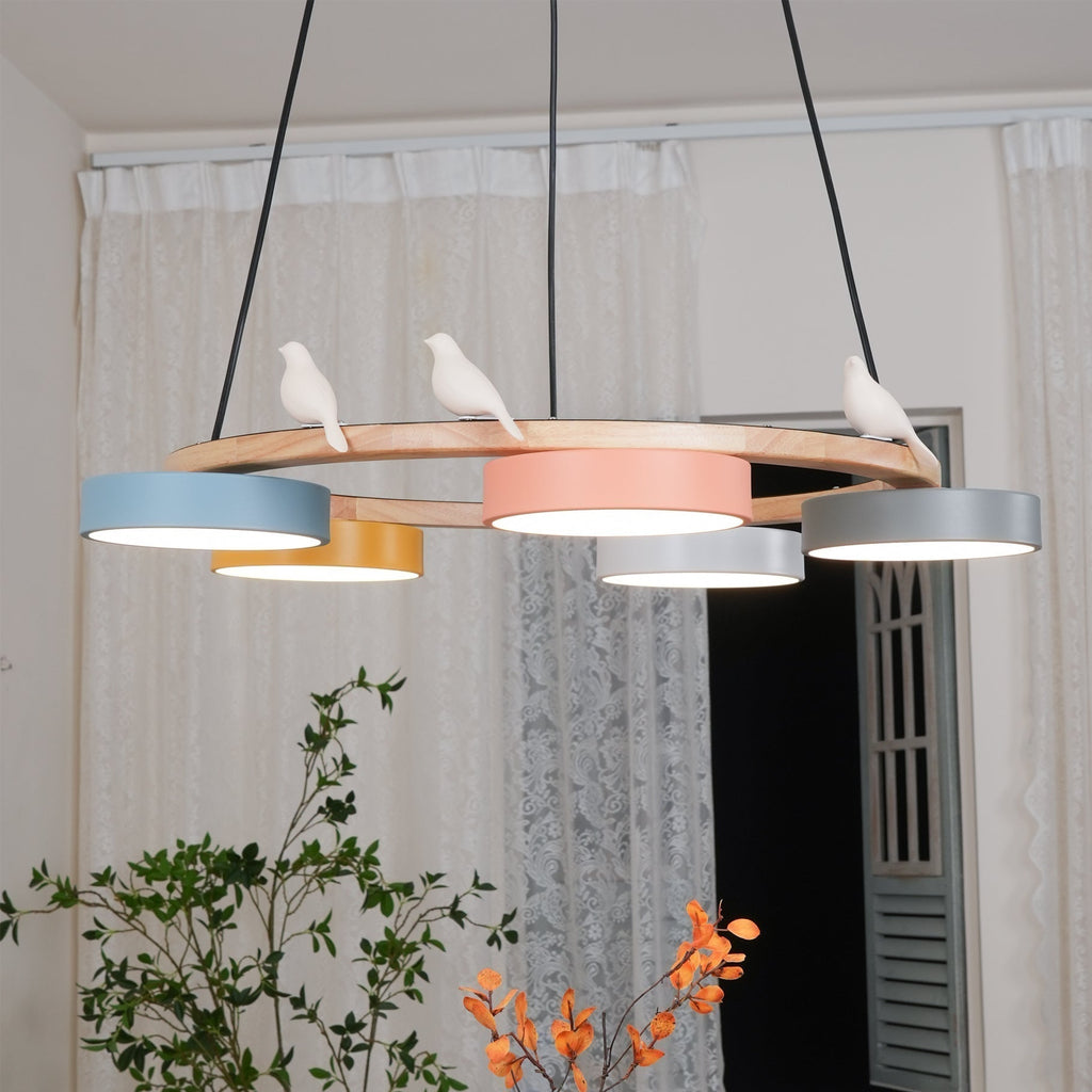 Sienna Bird Circular Chandelier — Wood Frame, Handcrafted Birds, Nature-Inspired LED Light