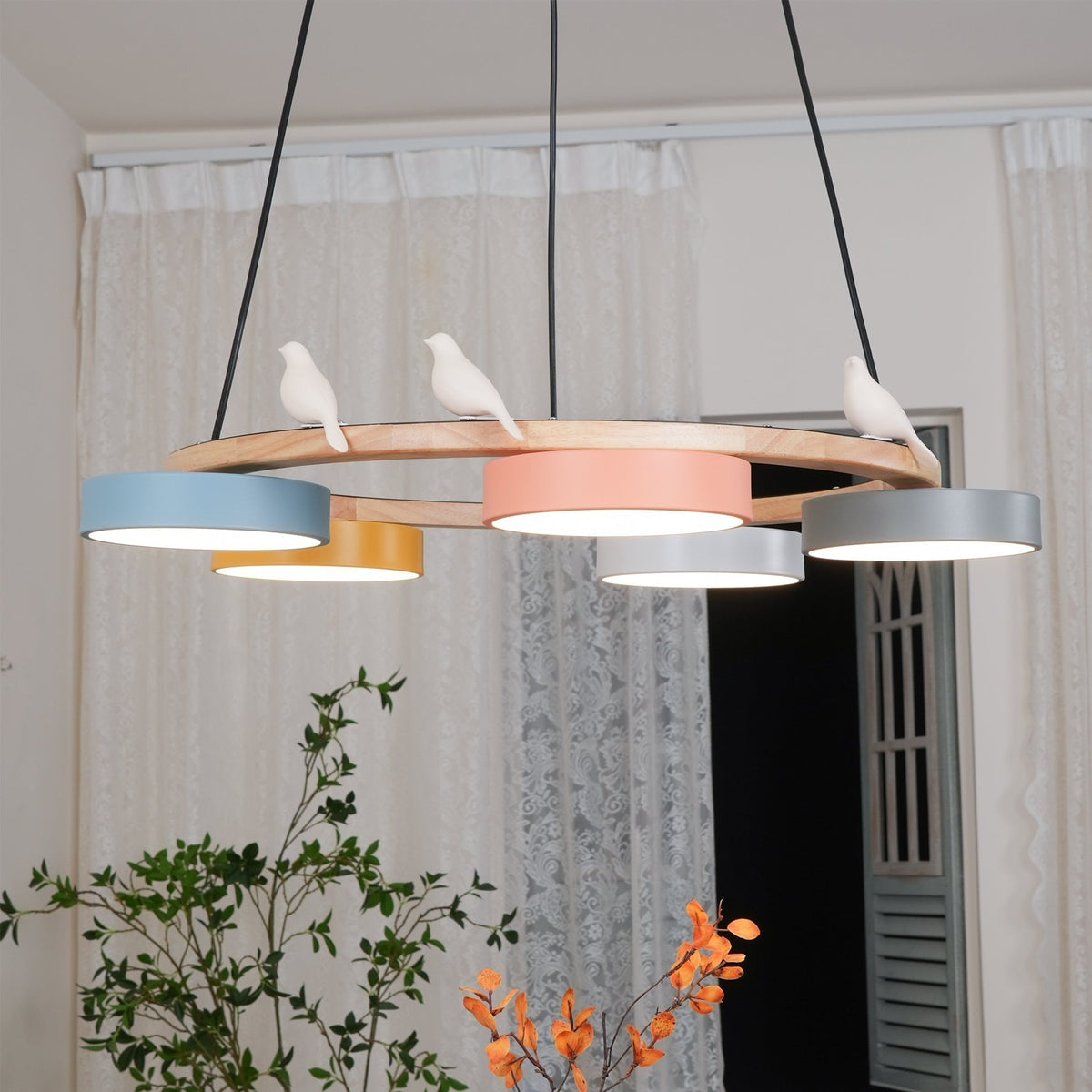 Sienna Bird Circular Chandelier — Wood Frame, Handcrafted Birds, Nature-Inspired LED Light