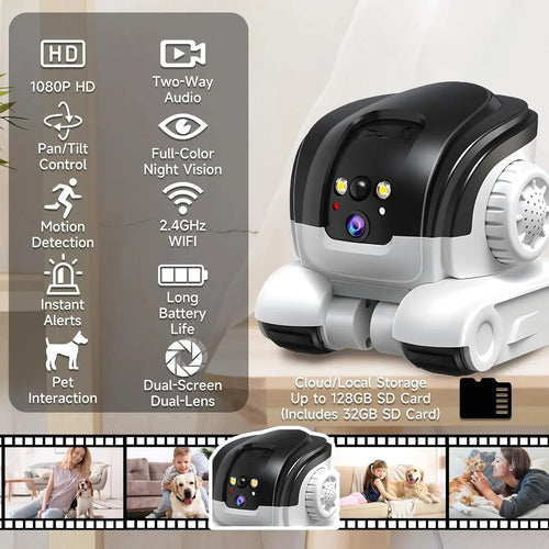1080P háziállat kamera - Kétirányú hang - Színes éjjellátó 32 láb - Mozgásérzékelő riasztások - 32GB SD | meowbutter