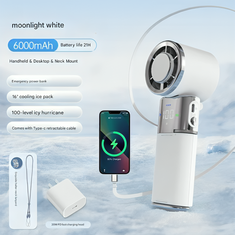 6000mAh smart powerbank-ventilator — hurtig opladning, justerbar luftstrøm på 9 m/s