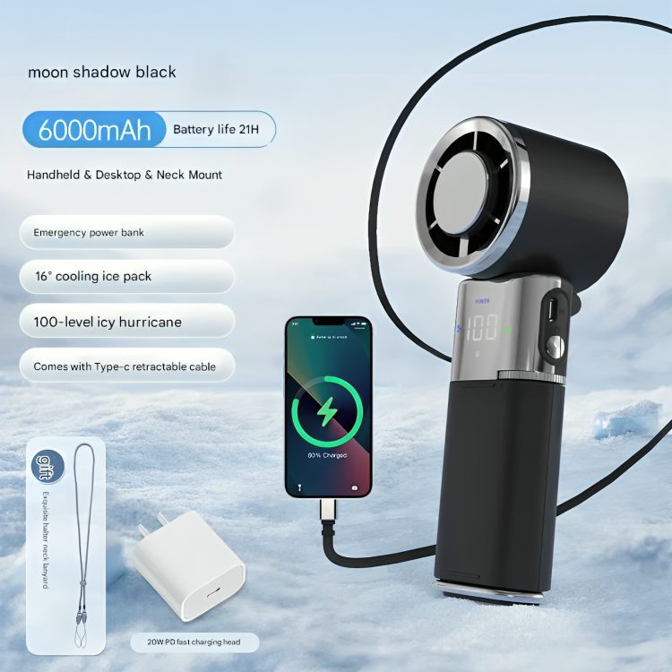 6000mAh smart powerbank-ventilator — hurtig opladning, justerbar luftstrøm på 9 m/s