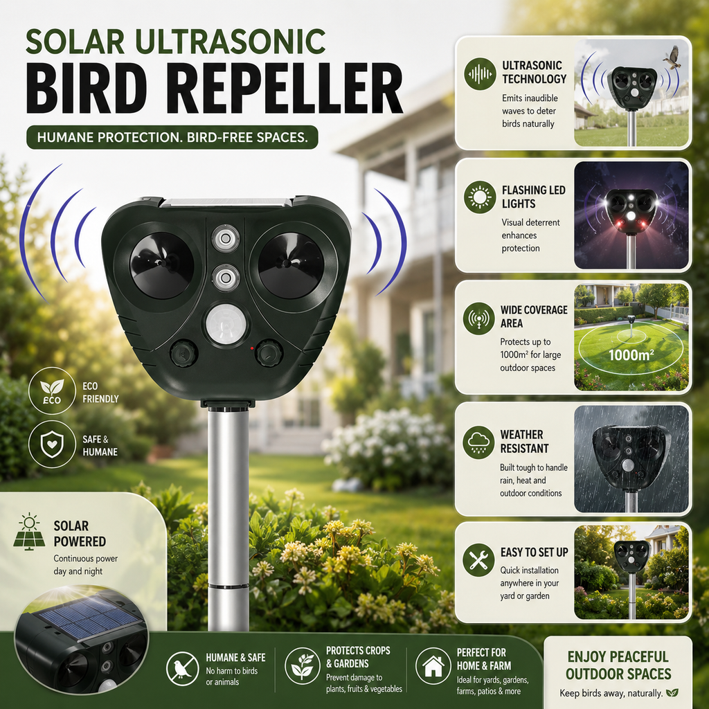 Solar Powered Ultrasonic Bird Deterrent — Alternating Sound and LED Flashes