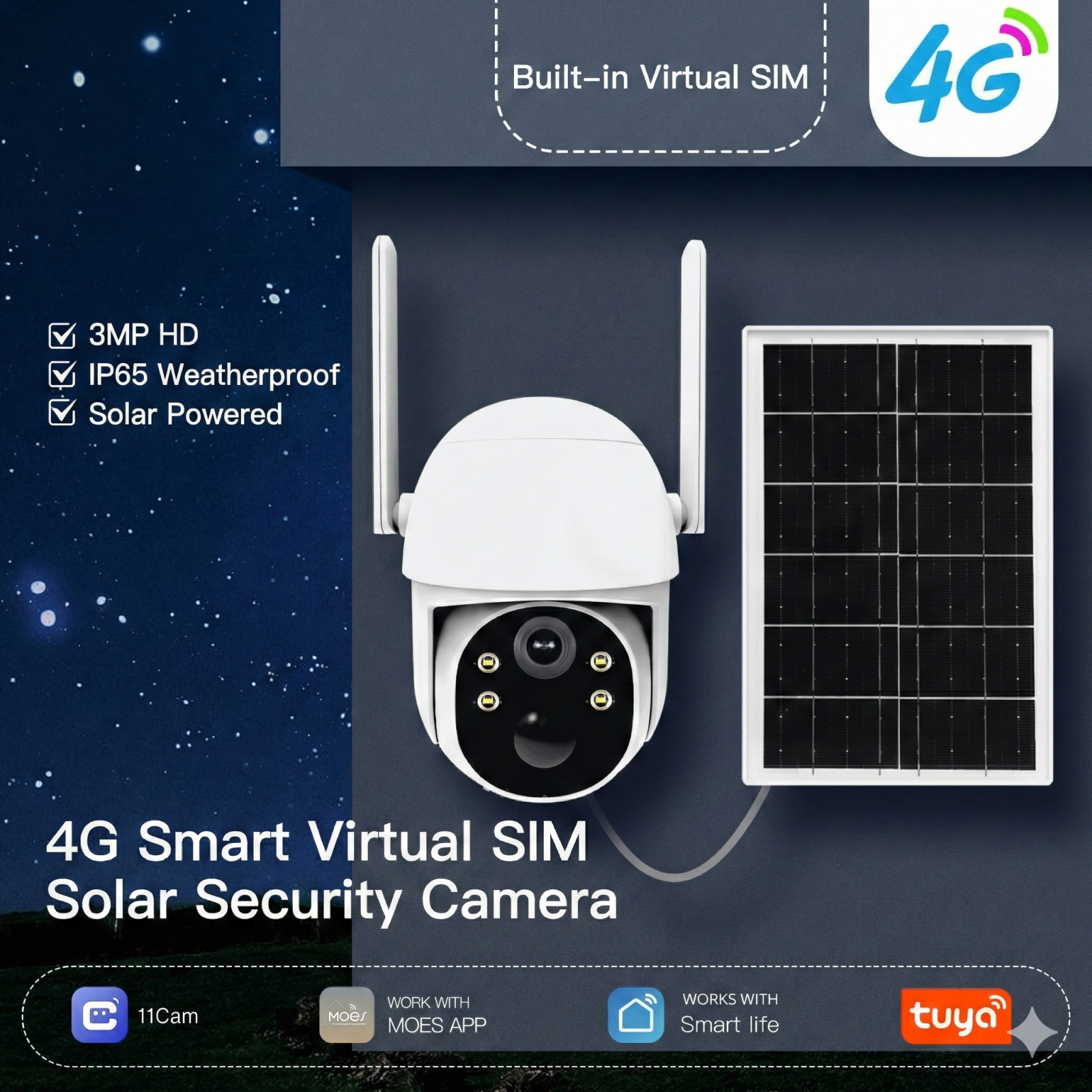 Solární bezpečnostní kamera 4G LTE - 2K HD - AI detekce pohybu - IP65 - 360° otáčení a naklápění - obousměrný zvuk | meowbutter