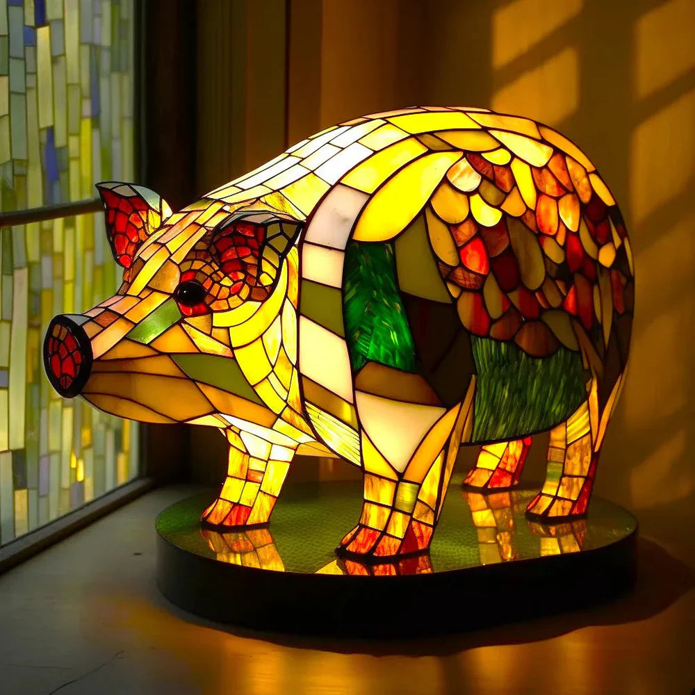 Stained Glass Animal Table Lamp — 17 cm Resin Sculpture