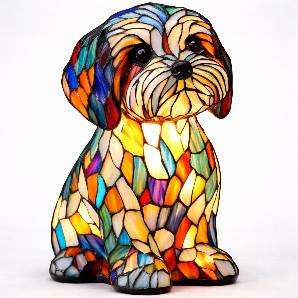 Bordlampe med hund i farget glass-stil — USB-drevet ravfarget LED-nattlampe
