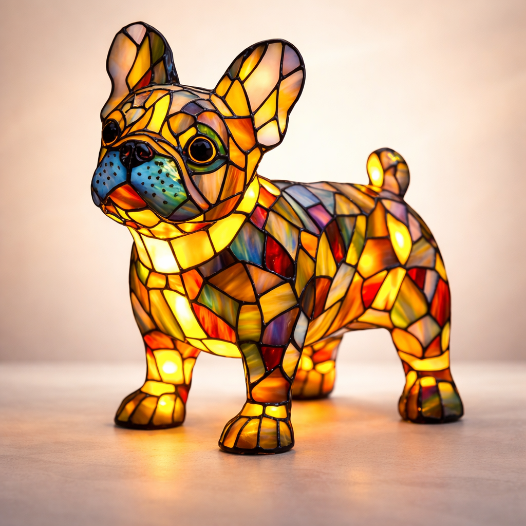 Bordlampe med hund i farget glass-stil — USB-drevet ravfarget LED-nattlampe