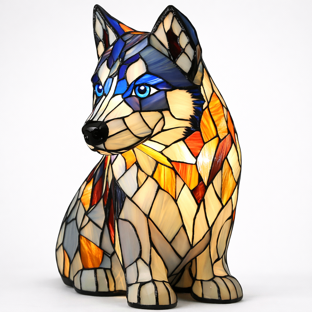 Bordlampe med hund i farget glass-stil — USB-drevet ravfarget LED-nattlampe