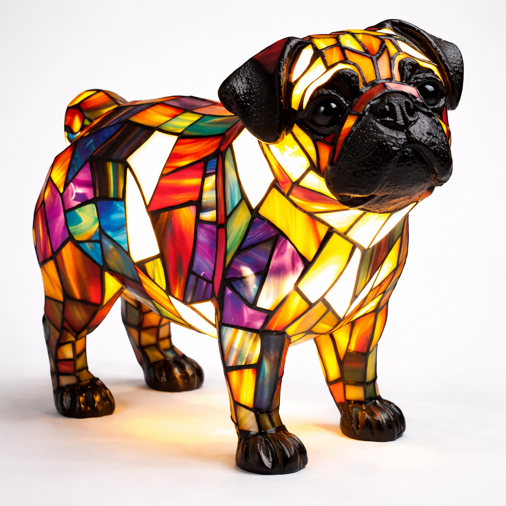 Bordlampe med hund i farget glass-stil — USB-drevet ravfarget LED-nattlampe