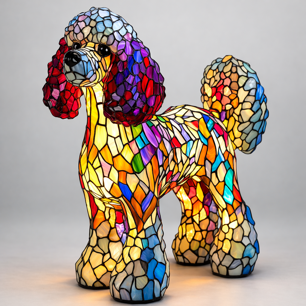 Bordlampe med hund i farget glass-stil — USB-drevet ravfarget LED-nattlampe