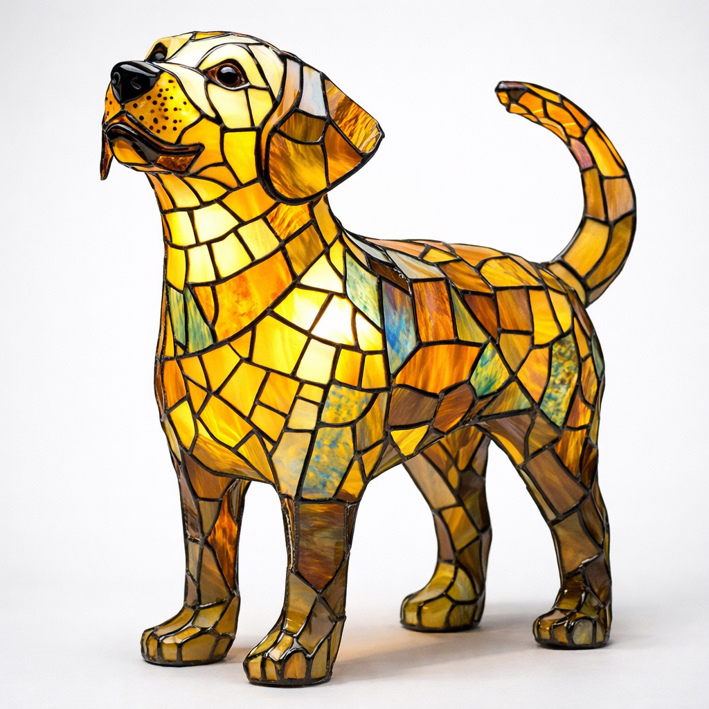 Bordlampe med hund i farget glass-stil — USB-drevet ravfarget LED-nattlampe