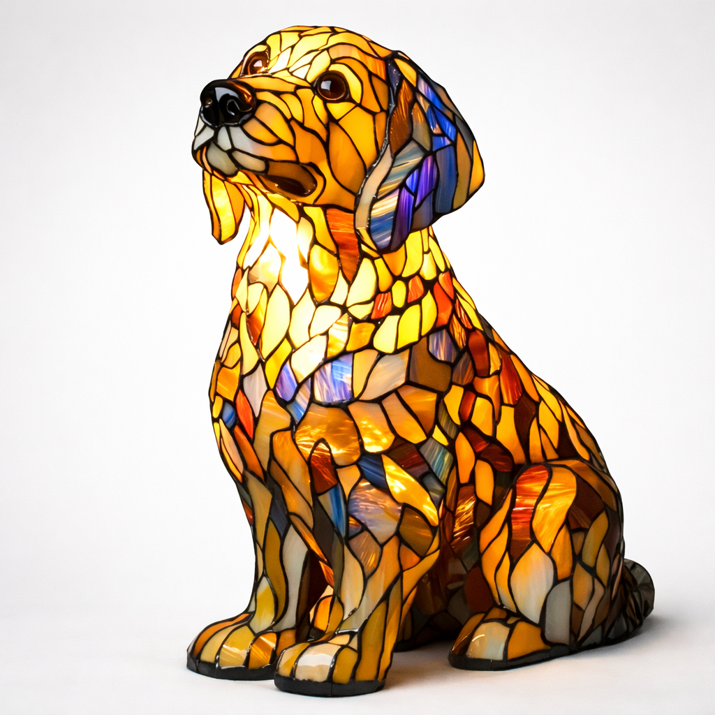 Bordlampe med hund i farget glass-stil — USB-drevet ravfarget LED-nattlampe