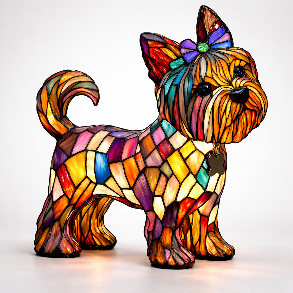 Bordlampe med hund i farget glass-stil — USB-drevet ravfarget LED-nattlampe