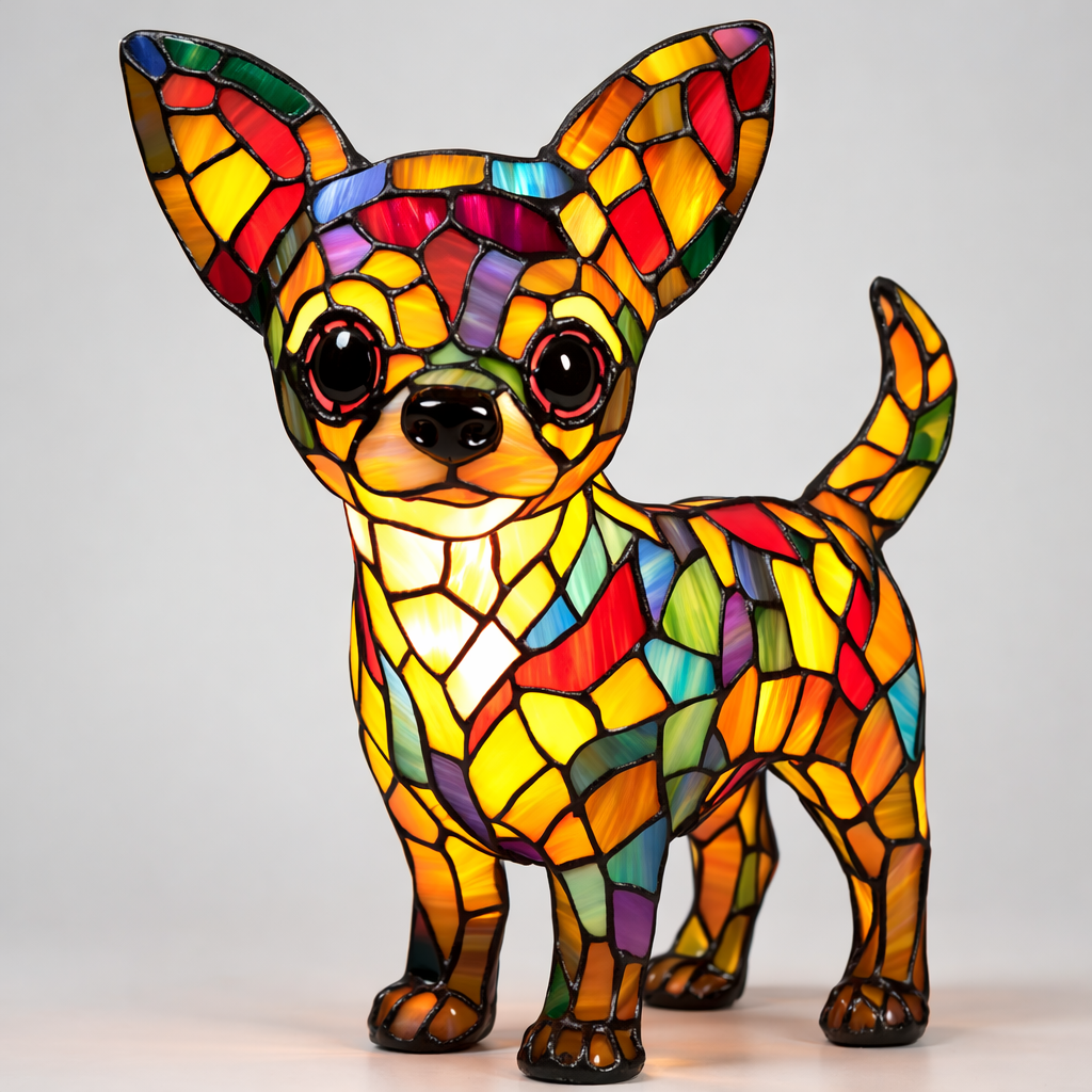 Bordlampe med hund i farget glass-stil — USB-drevet ravfarget LED-nattlampe