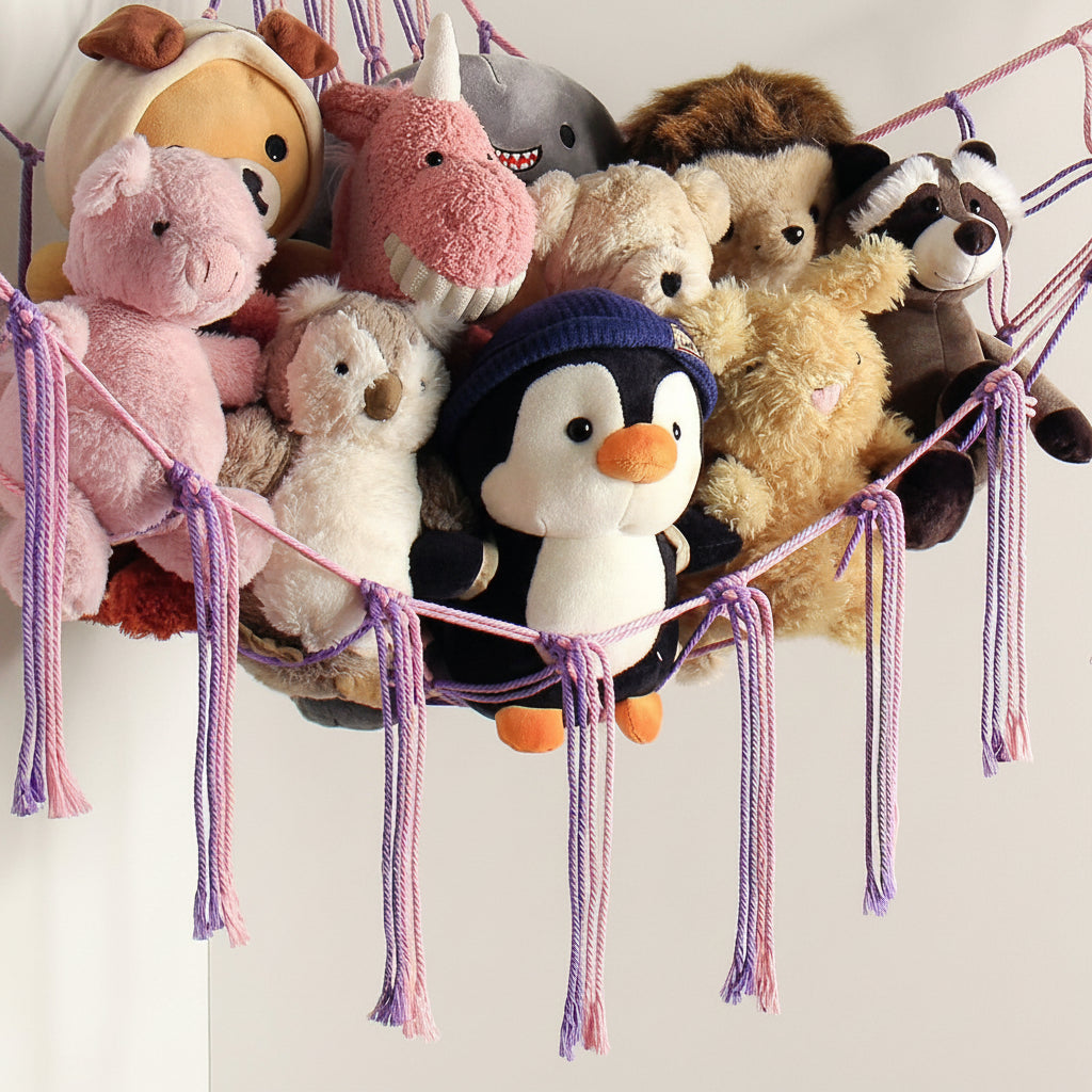 Ručně vyrobená úložná síť z makramé na hračky — nástěnná taška s otevřenou vazbou
