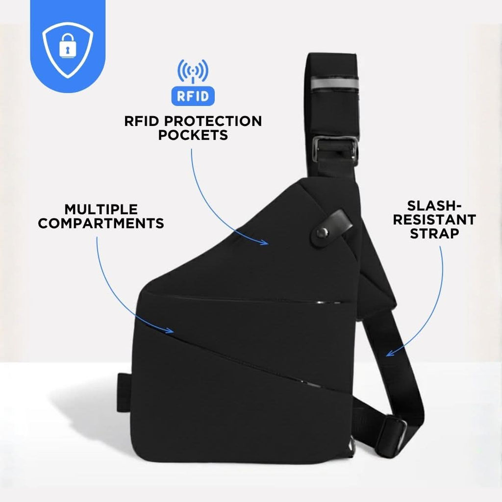 Stilvolle schwarze Umhängetasche mit RFID-Schutz | meowbutter