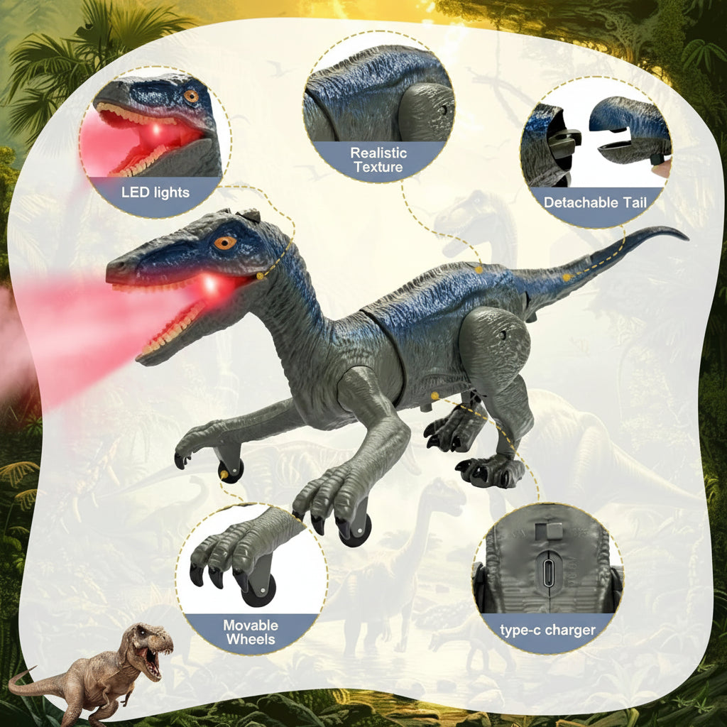 Dinosaurier-Spielzeug mit Fernsteuerung Velociraptor, Licht, Geräuschen und Sprühfunktion | Meowbutter