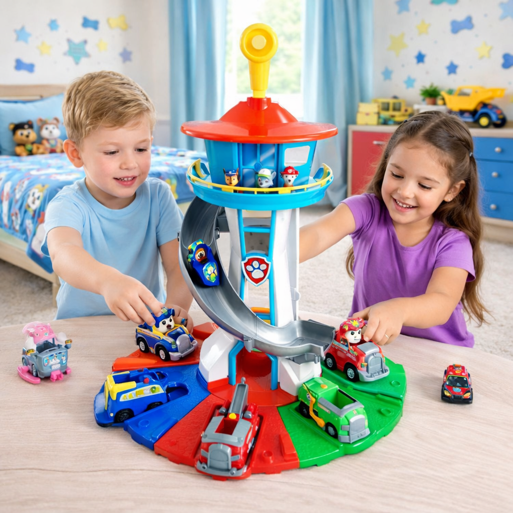 Kids Tower Playset — Slide Ramp, Rolling Vehicles & Mini Figures