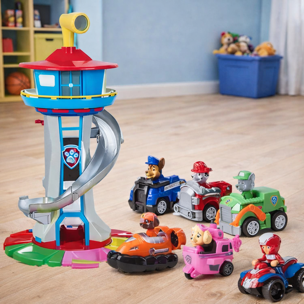 Kids Tower Playset — Slide Ramp, Rolling Vehicles & Mini Figures