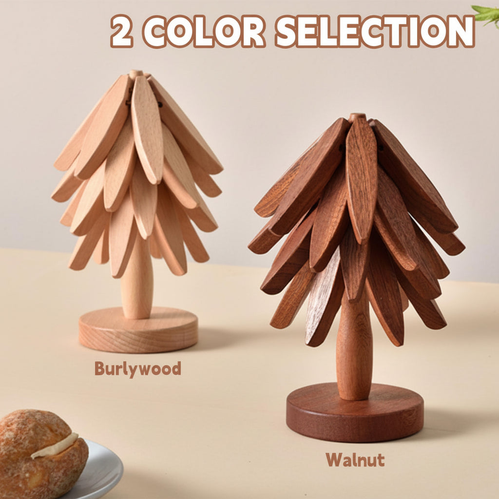 Folding Wooden Trivet Set — Tree Pattern Design, Compact Natural Timber