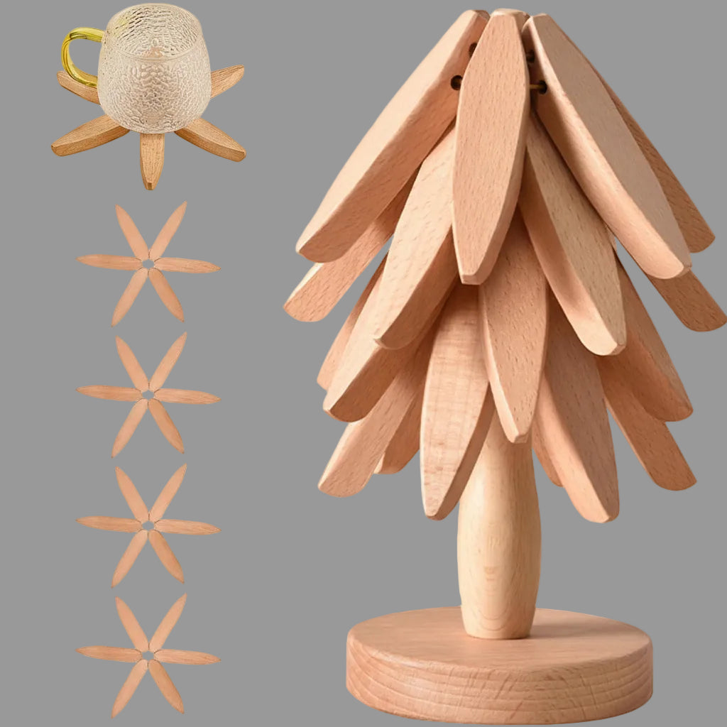 Folding Wooden Trivet Set — Tree Pattern Design, Compact Natural Timber