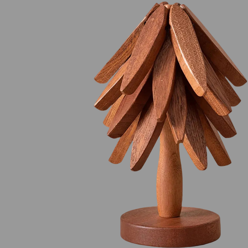 Folding Wooden Trivet Set — Tree Pattern Design, Compact Natural Timber
