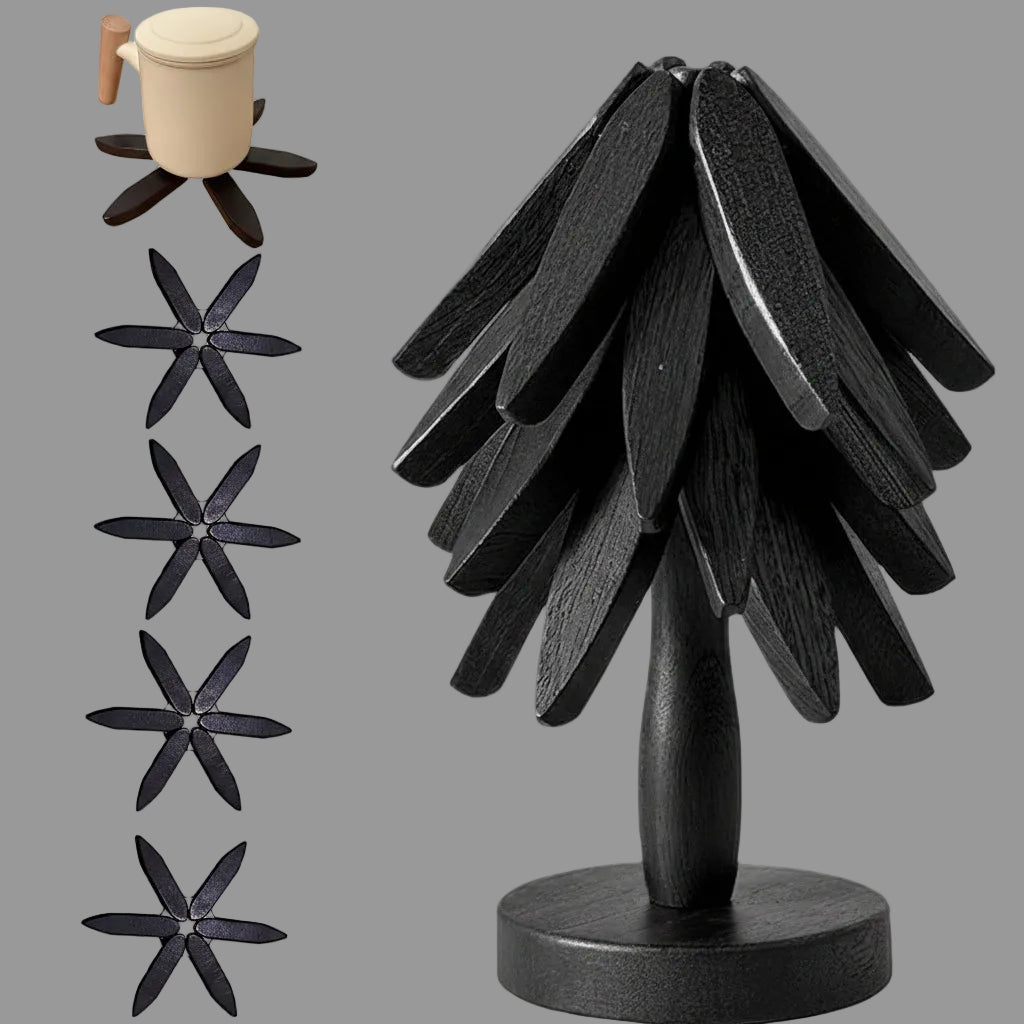 Folding Wooden Trivet Set — Tree Pattern Design, Compact Natural Timber
