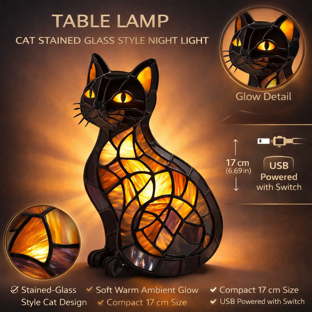 Lámpara de mesa con forma de gato, estilo vidriera, luz nocturna | Meowbutter