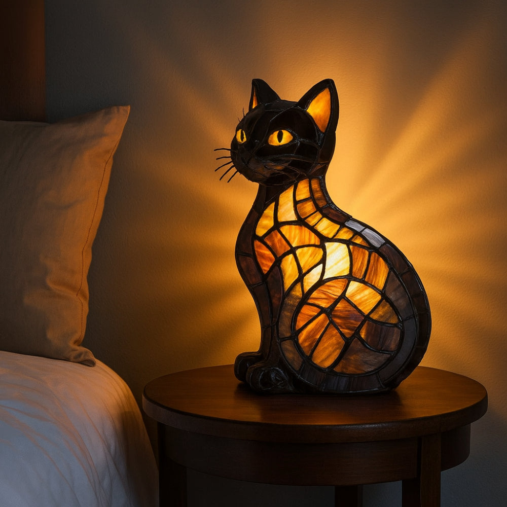 Lámpara de mesa con forma de gato, estilo vidriera, luz nocturna | Meowbutter