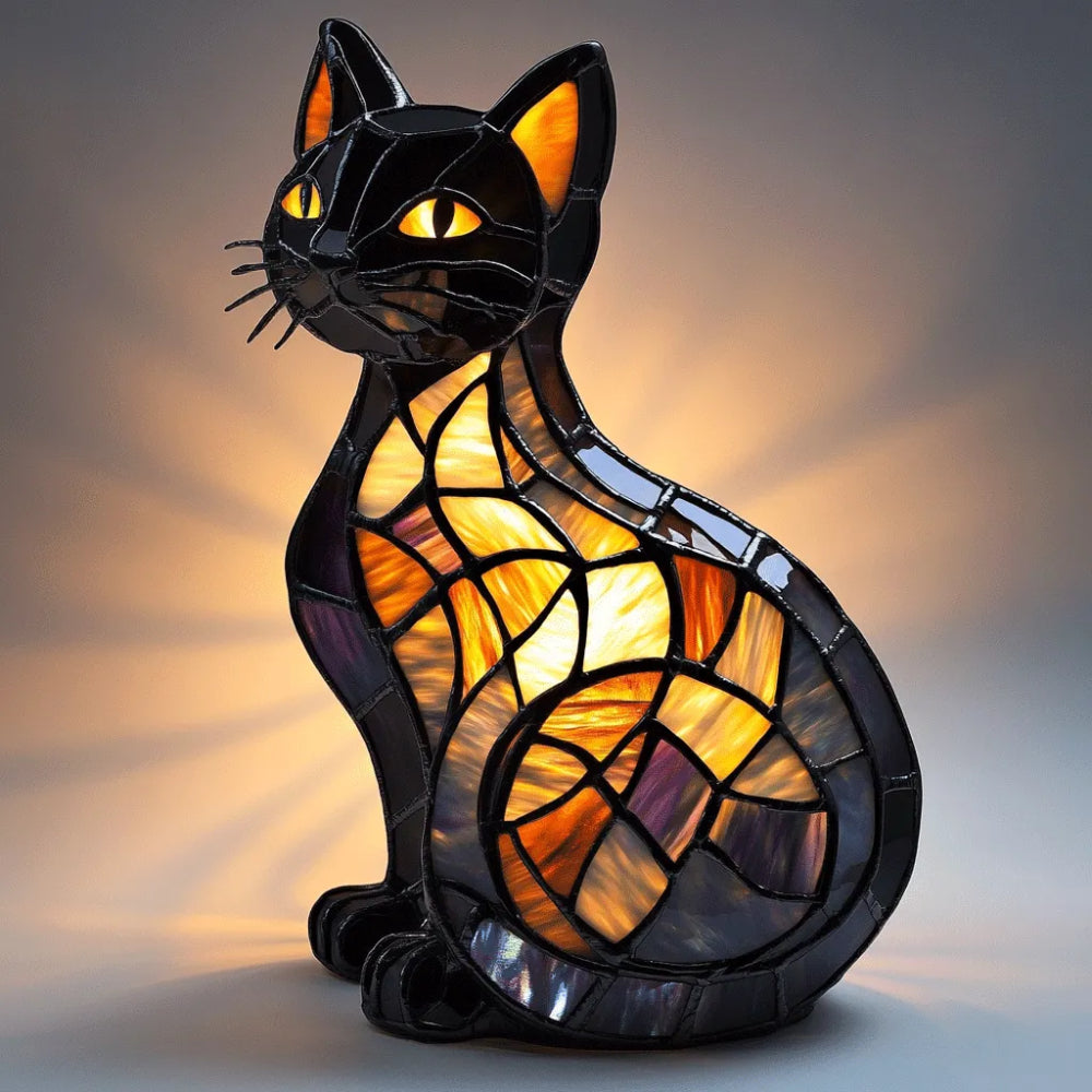 Lámpara de mesa con forma de gato, estilo vidriera, luz nocturna | Meowbutter