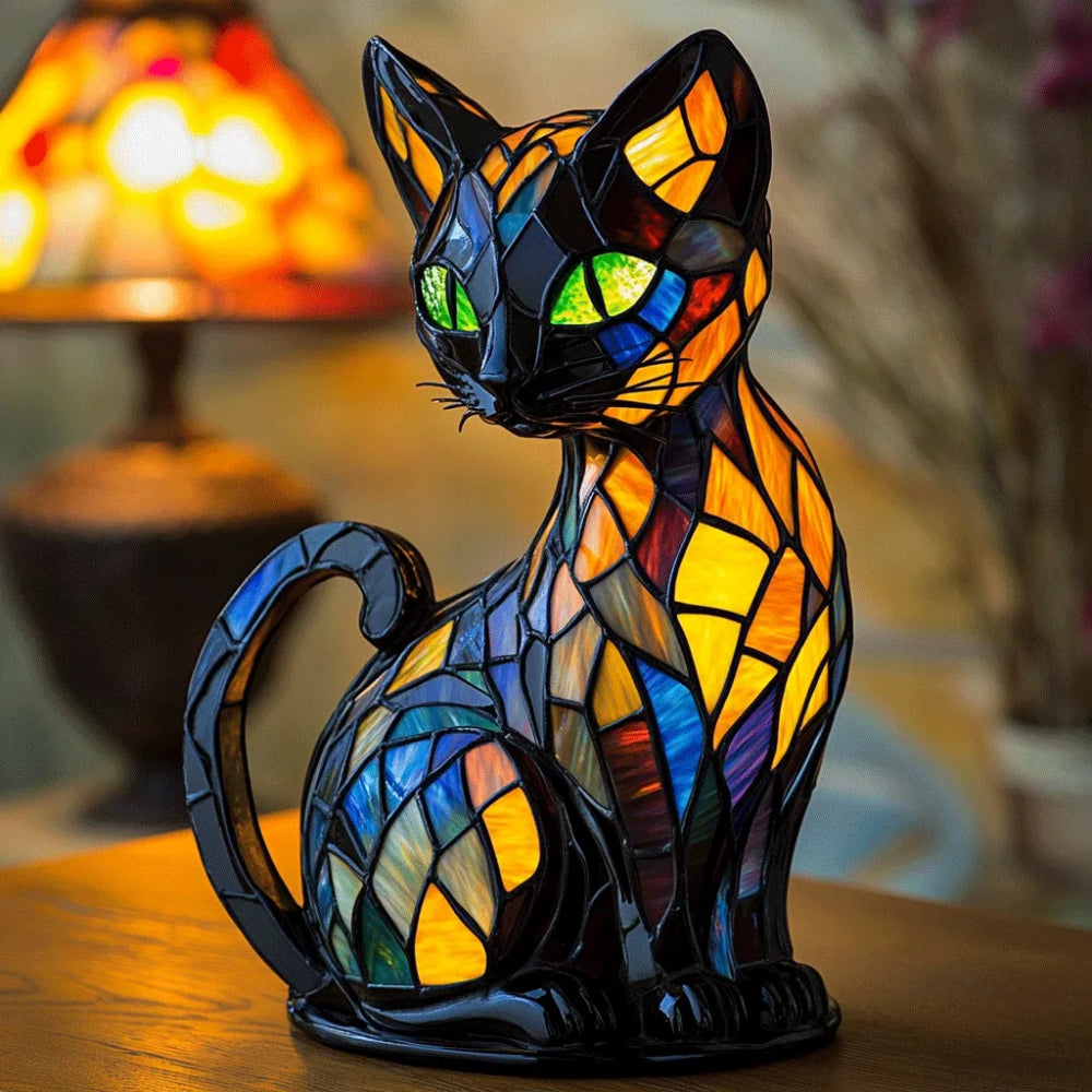 Lámpara de mesa con forma de gato, estilo vidriera, luz nocturna | Meowbutter