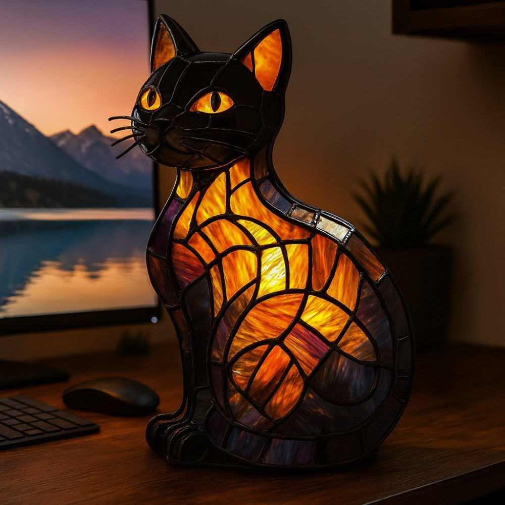 Lámpara de mesa con forma de gato, estilo vidriera, luz nocturna | Meowbutter