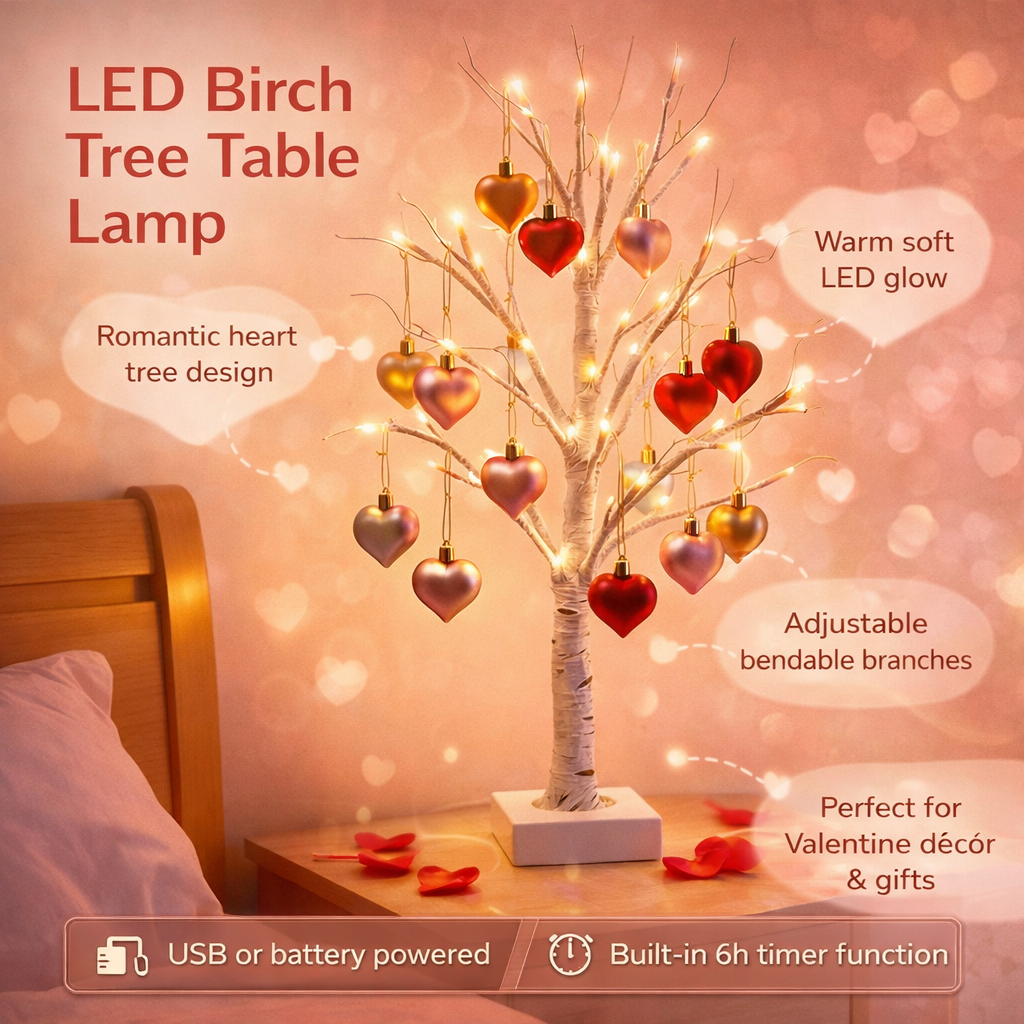 Lampe de table LED en forme de cœur avec arbre en bouleau, décoration intérieure pour la Saint-Valentin | Meowbutter